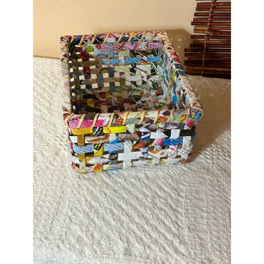 Handwoven Recycled Magazine Paper Basket Colorful Woven Storage Bin Eco Friendly